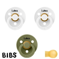 BIBS Colour Schnuller mit Namen, Gr. 2, 2 White, 1 Olive, Rund Latex, (3er Pack)